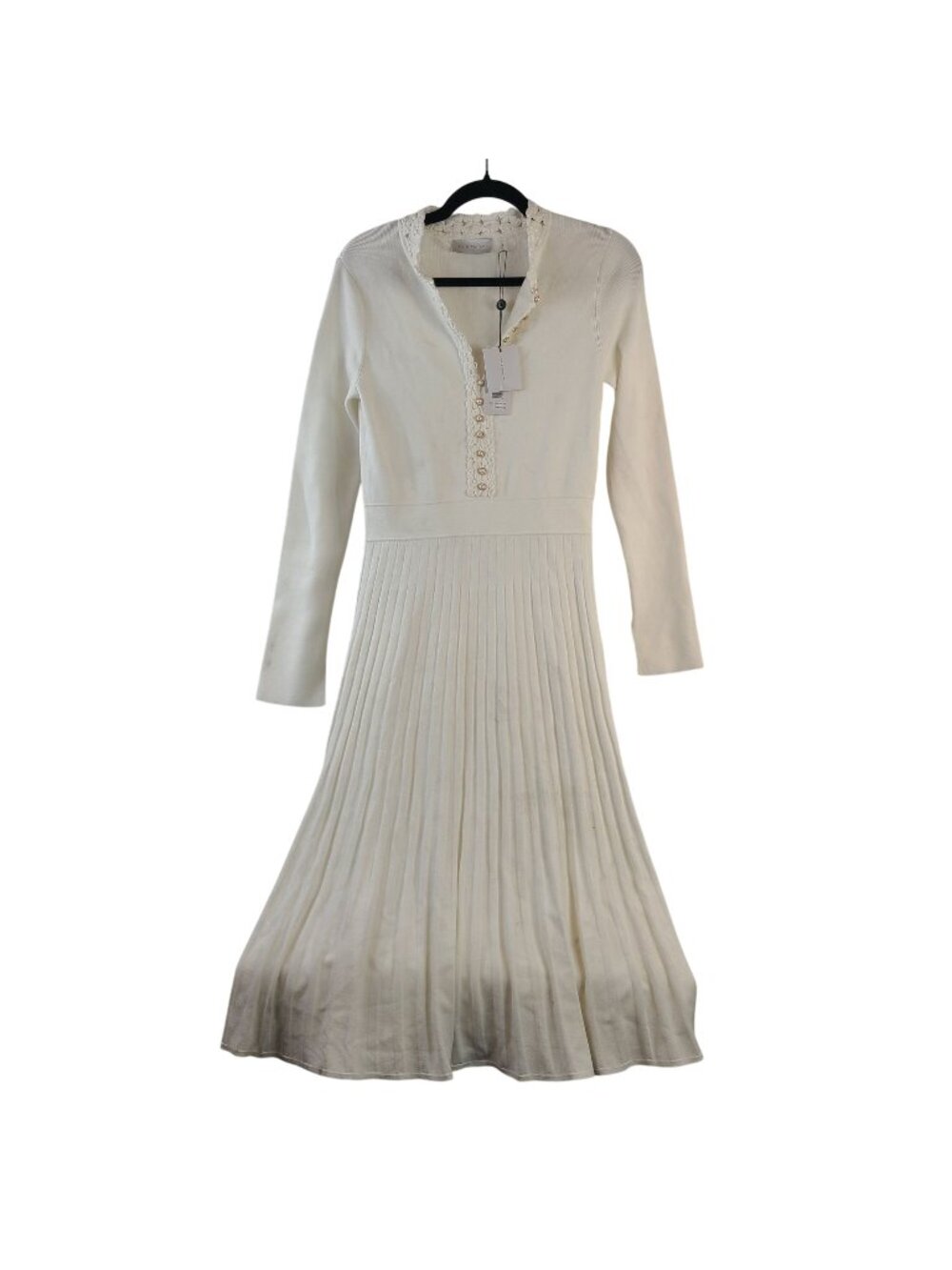 Elie Tahari Pleated Long-Sleeve White Sweater Dress Crochet Detail & Pearls Sz M